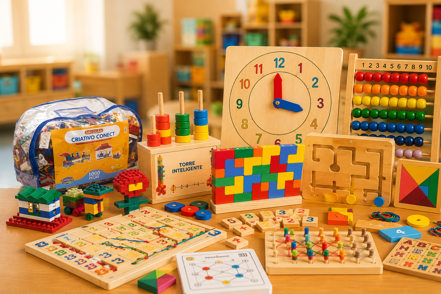 Mesa com brinquedos pedagógicos coloridos, ábaco, blocos, relógio didático e jogos educativos