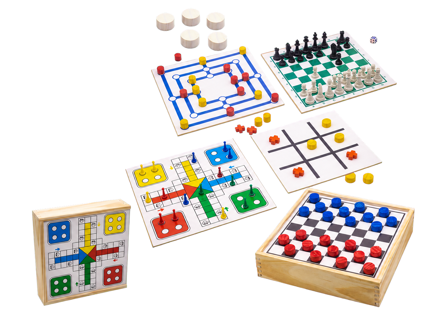 Jogo 5x1 com ludo, dama, trilha, xadrez e jogo da velha