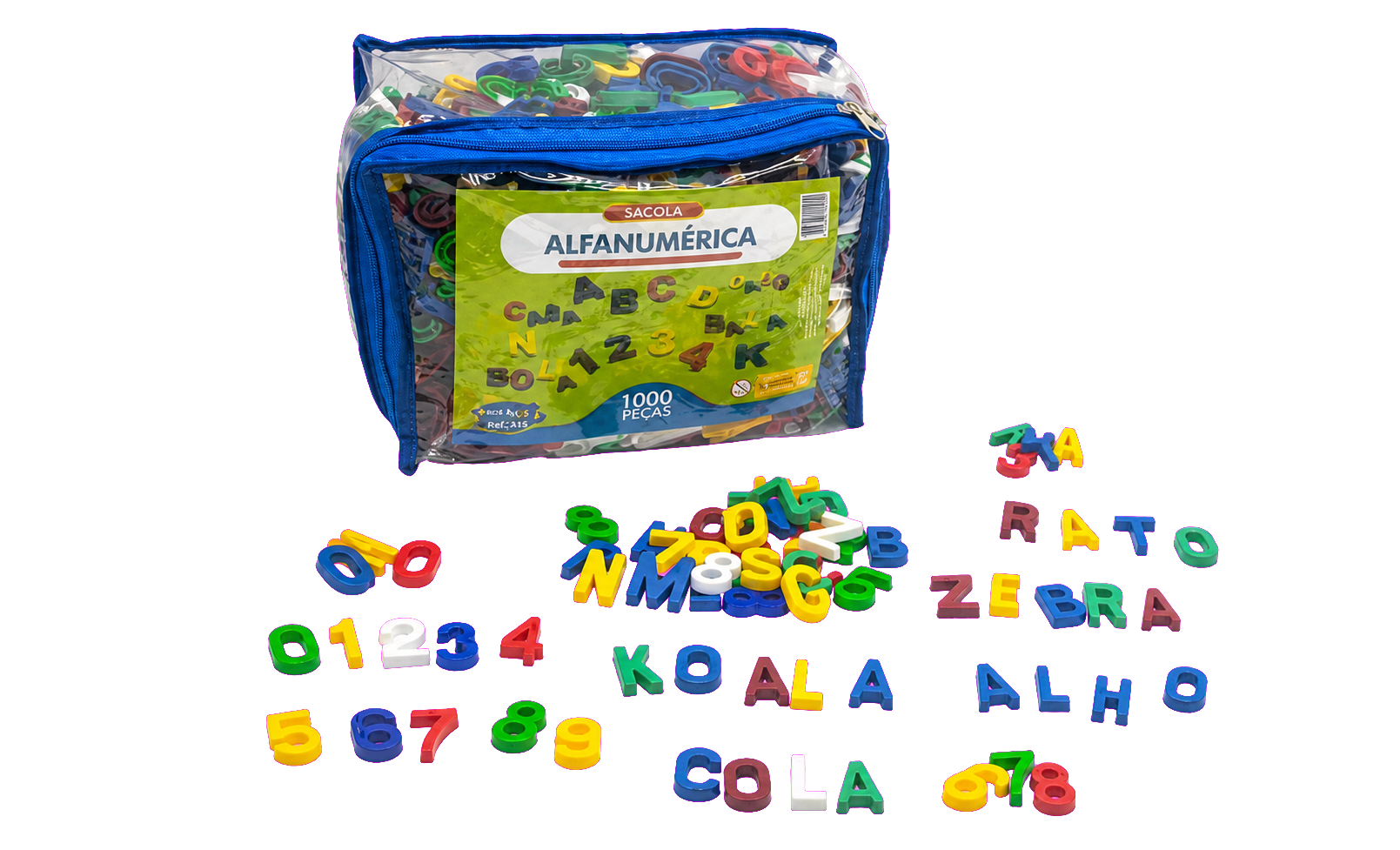 Sacola alfanumérica com letras e números coloridos